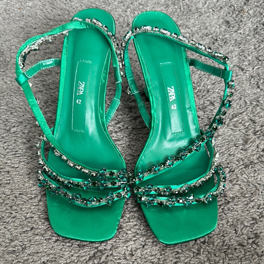 Zara Green Heeled Sandals with Crystal Straps